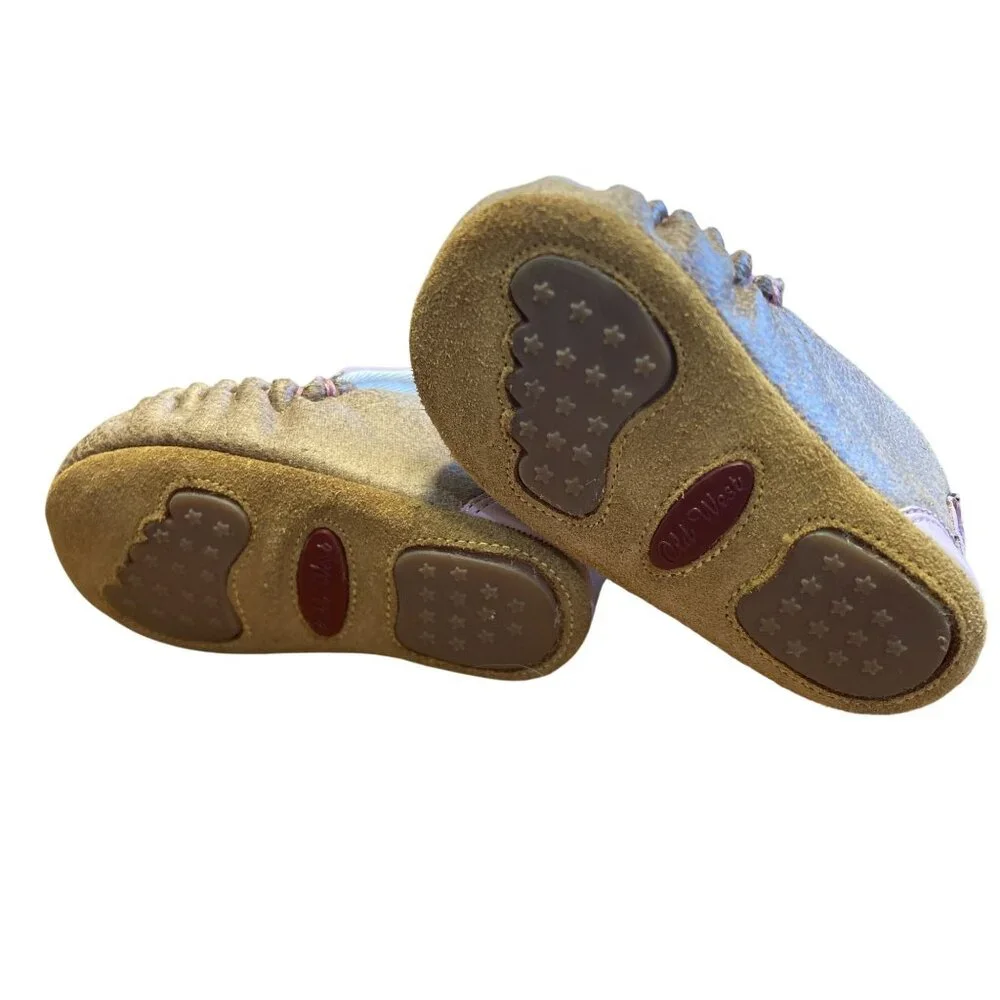 Old West Baby Moccasins With Cactus Embroidery & Soft Soles Pink & Brown Size 4